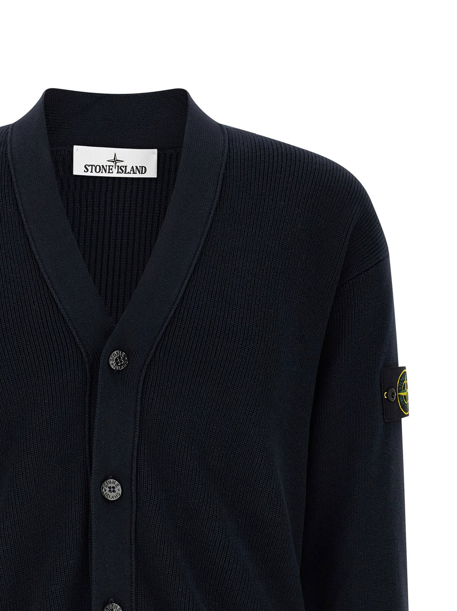 Stone Island Cardigan For Men Blue Organic Cotton Rib Knit Layering Essential With Subtle Brand Badge