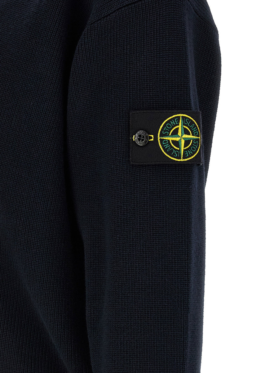 Stone Island Cardigan For Men Blue Organic Cotton Rib Knit Layering Essential With Subtle Brand Badge
