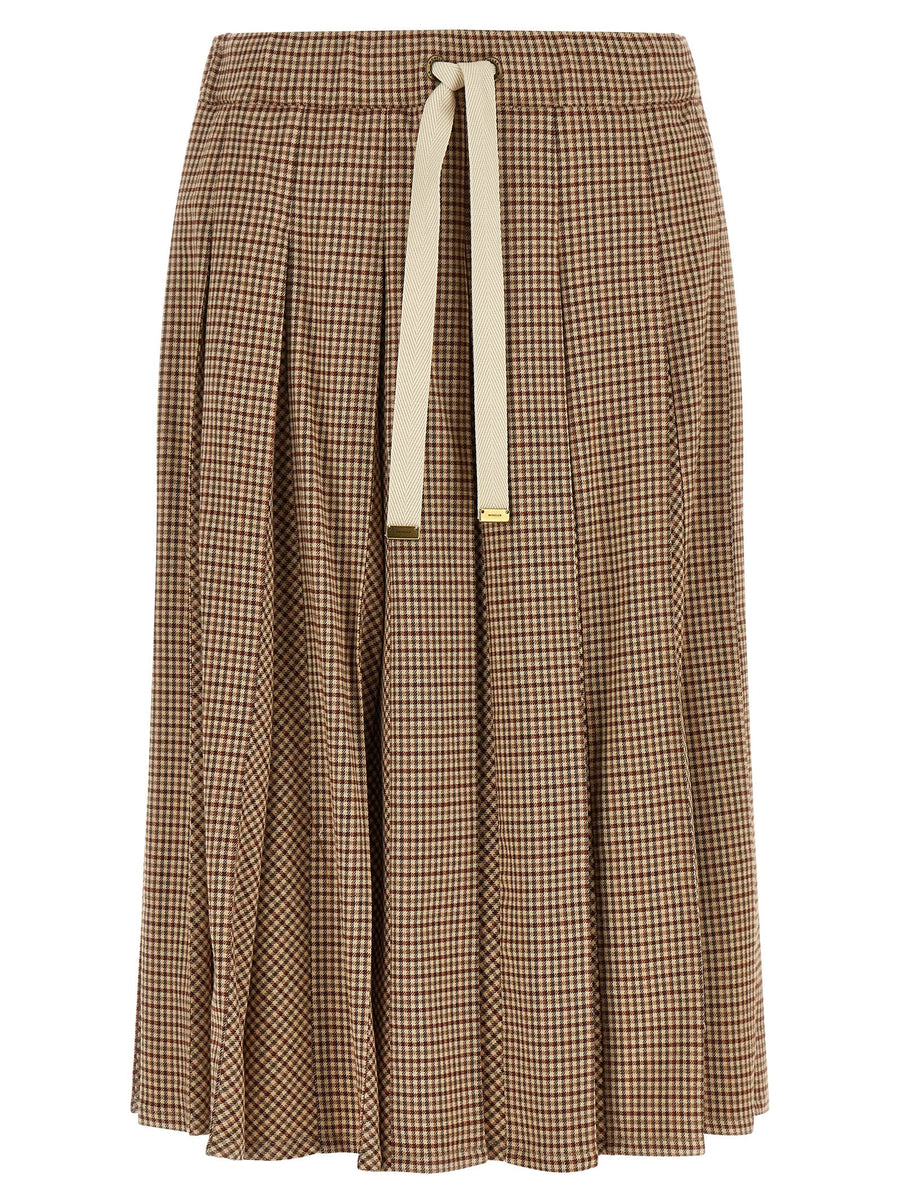 Moncler Pleated Midi Wool Blend Check Skirt Beige Brown