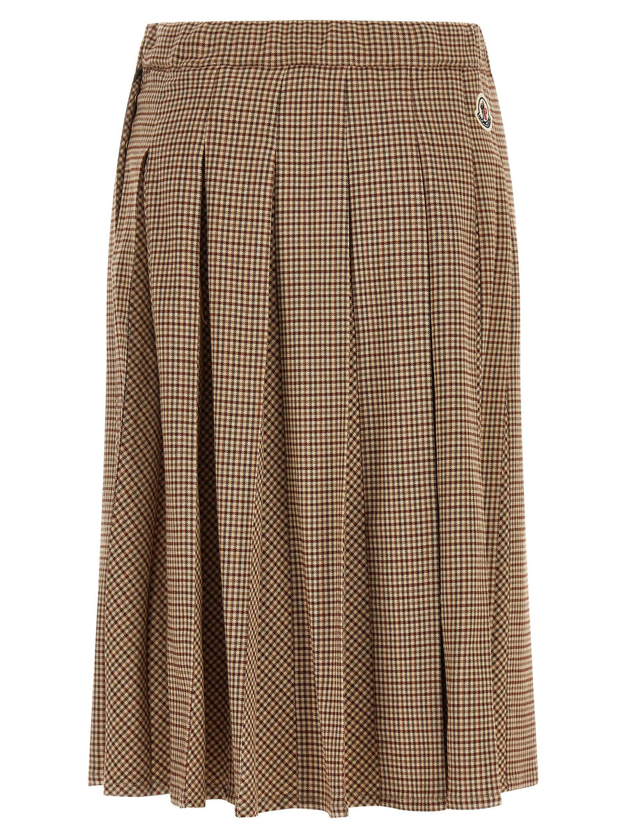 Moncler Pleated Midi Wool Blend Check Skirt Beige Brown