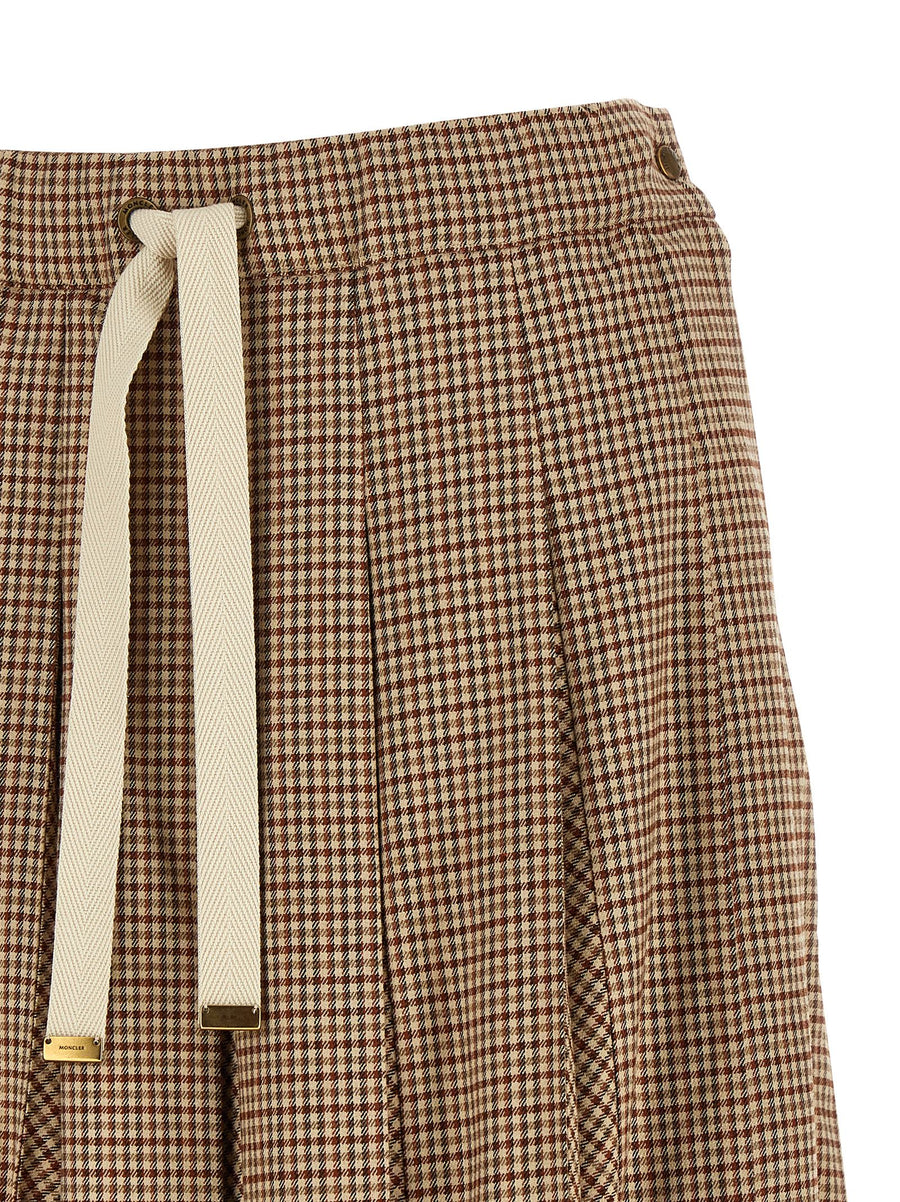 Moncler Pleated Midi Wool Blend Check Skirt Beige Brown
