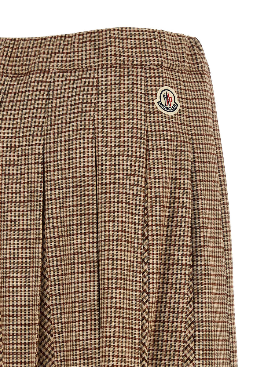 Moncler Pleated Midi Wool Blend Check Skirt Beige Brown