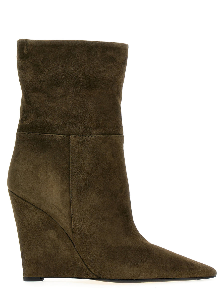 Alevì Bay Green Suede Ankle Boots For Women With Pointed Toe And 10 Cm Wedge Heel Premium Quality