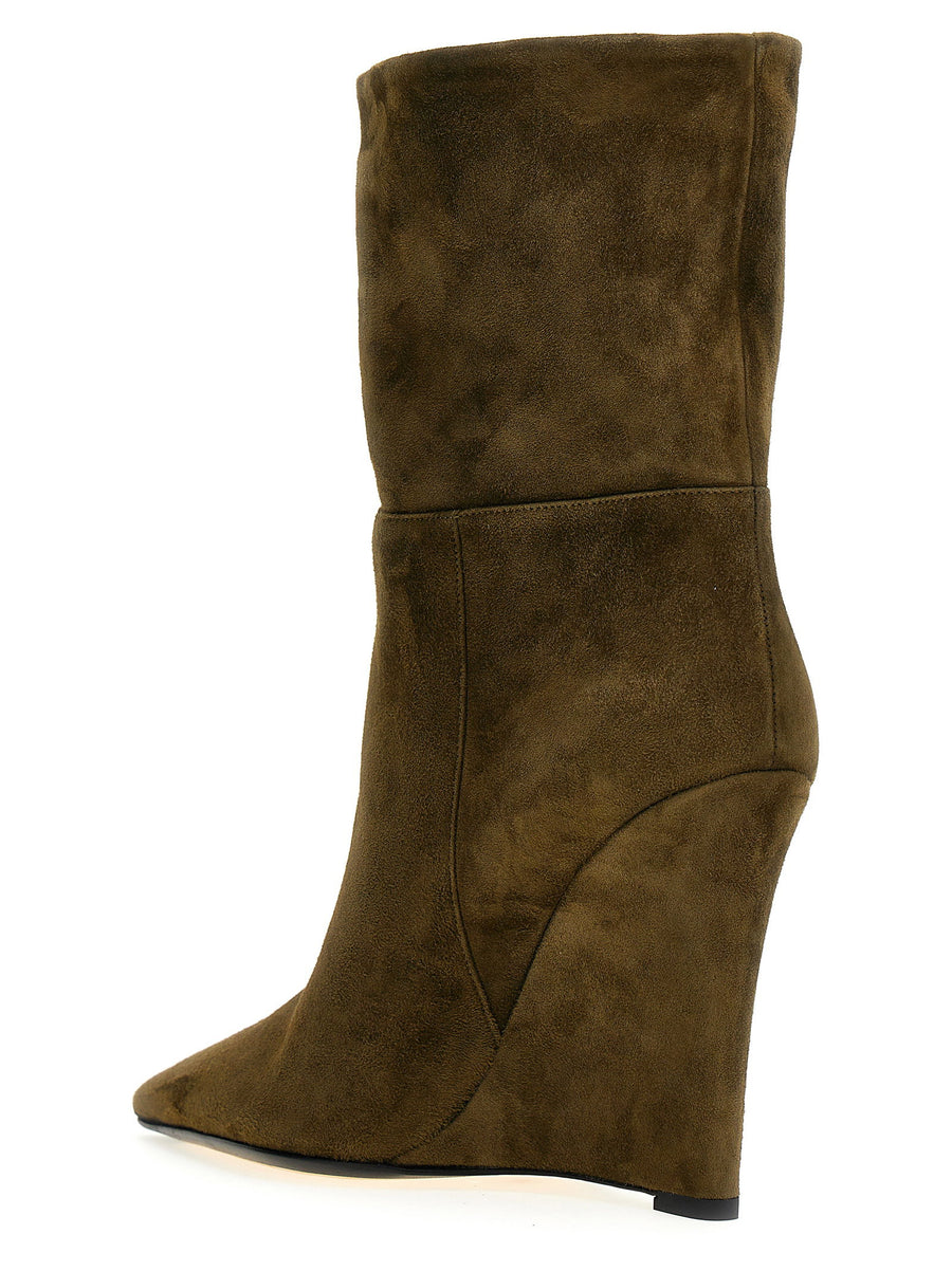 Alevì Bay Green Suede Ankle Boots For Women With Pointed Toe And 10 Cm Wedge Heel Premium Quality