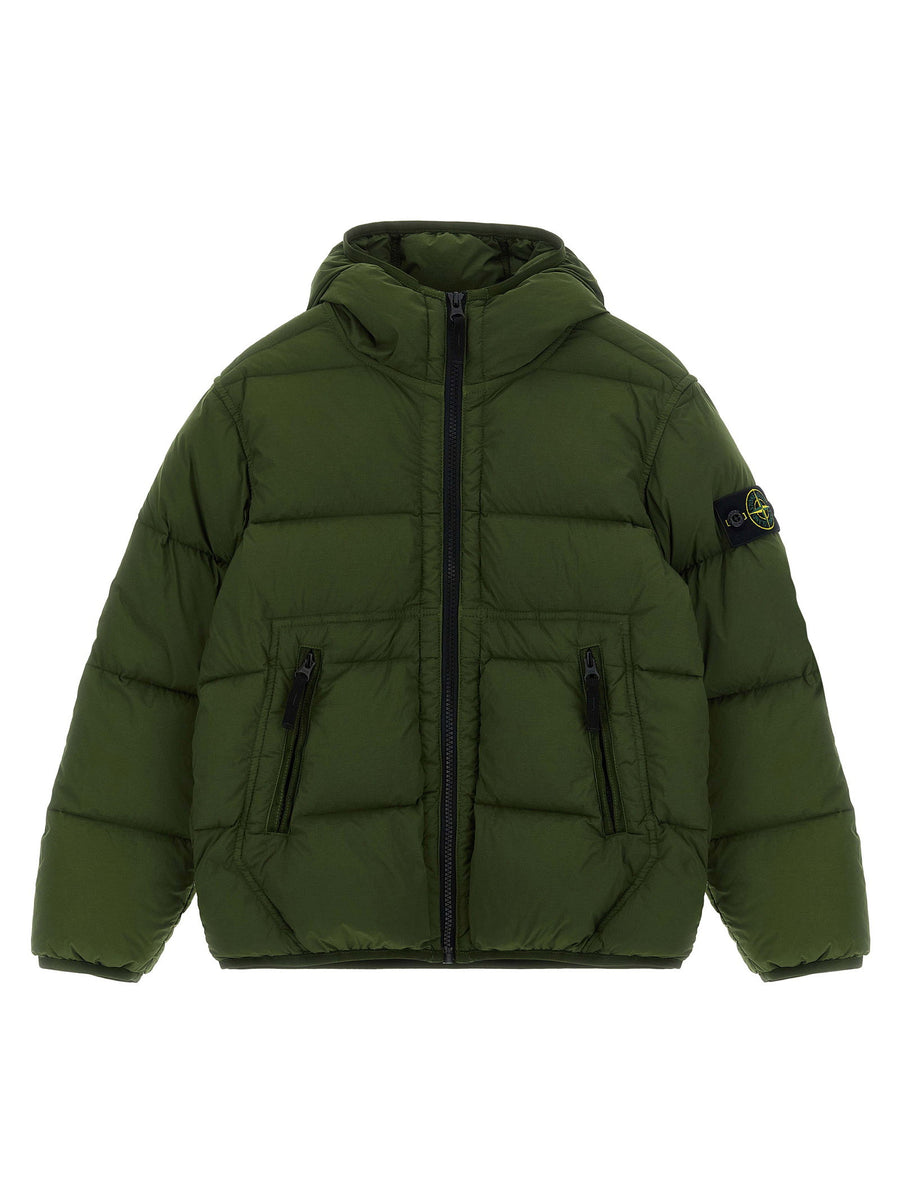 Stone Island Junior Badge Logo Parka Olive Green For Kids
