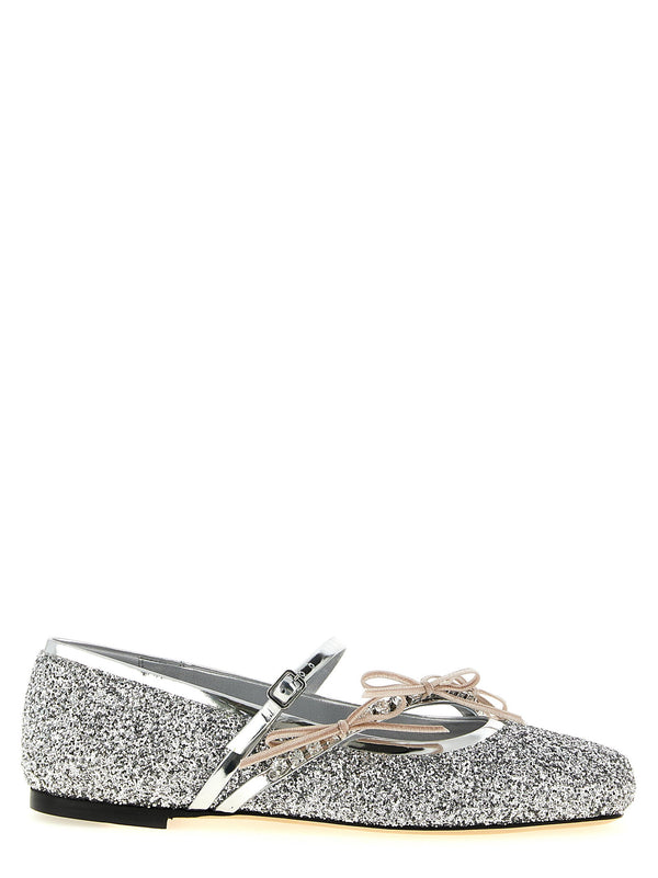 Jimmy Choo Loli Silver Glitter Ballet Flats Crystal Strap Satin Bow