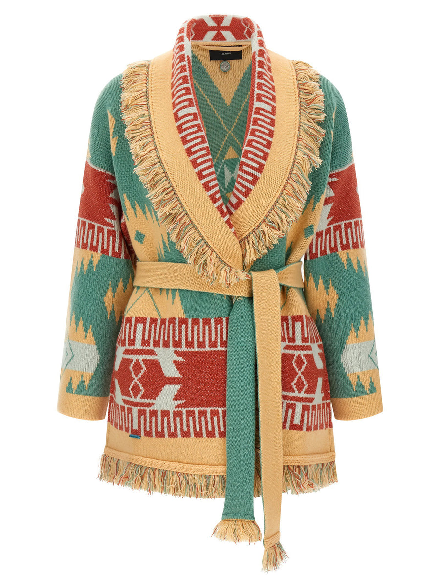 Alanui Icon Cardigan for Women - Luxury Cashmere Linen Double Jacquard Statement Pattern, Shawl Collar