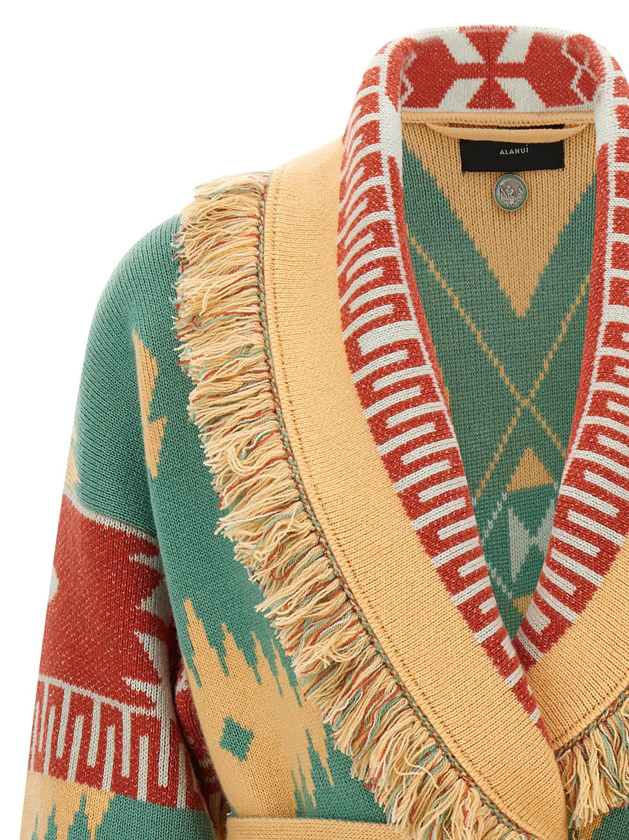 Alanui Icon Cardigan for Women - Luxury Cashmere Linen Double Jacquard Statement Pattern, Shawl Collar