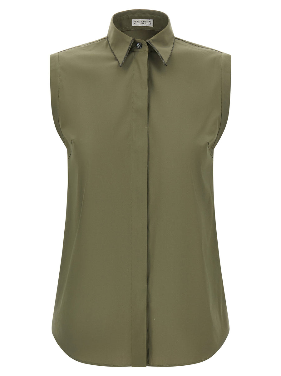Brunello Cucinelli Shiny Trim Sleeveless Shirt For Women Luxurious Green Stretch Poplin Spring Summer 2026