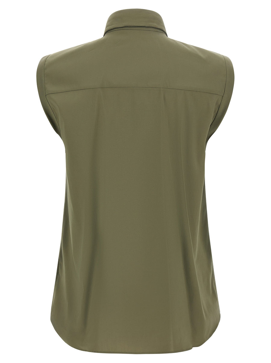 Brunello Cucinelli Shiny Trim Sleeveless Shirt For Women Luxurious Green Stretch Poplin Spring Summer 2026