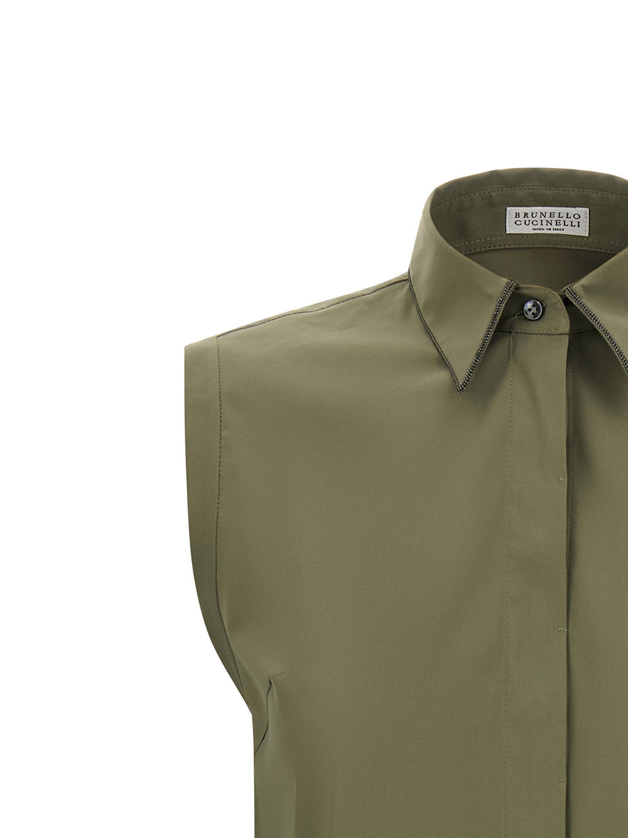 Brunello Cucinelli Shiny Trim Sleeveless Shirt For Women Luxurious Green Stretch Poplin Spring Summer 2026