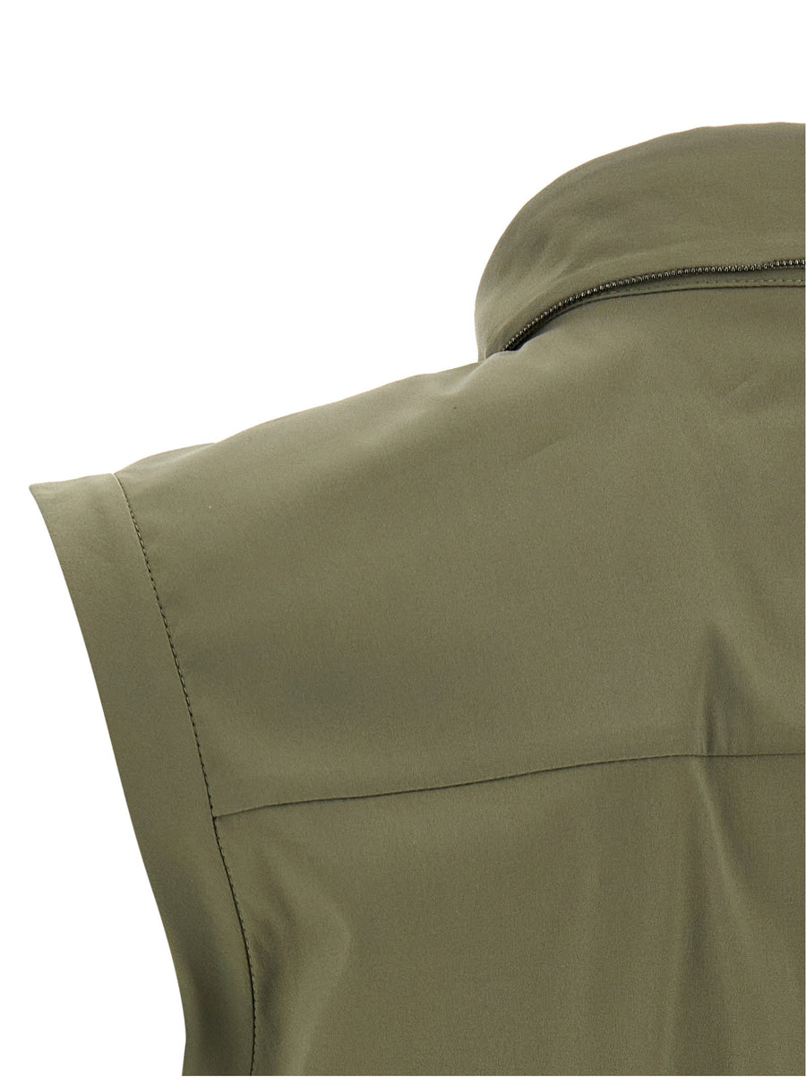 Brunello Cucinelli Shiny Trim Sleeveless Shirt For Women Luxurious Green Stretch Poplin Spring Summer 2026