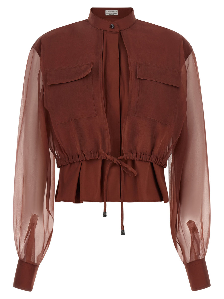 Brunello Cucinelli Brown Silk Sleeves Blouse Mandarin Collar