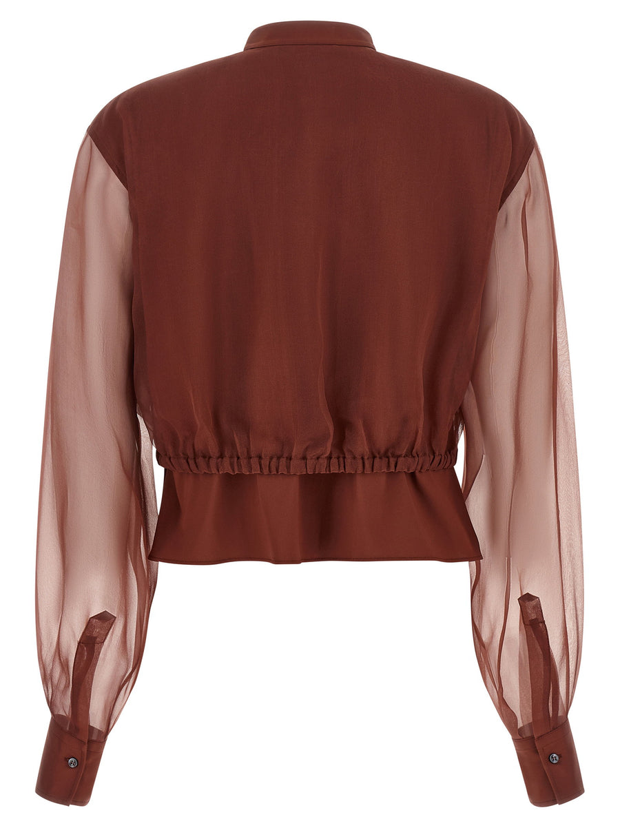 Brunello Cucinelli Brown Silk Sleeves Blouse Mandarin Collar