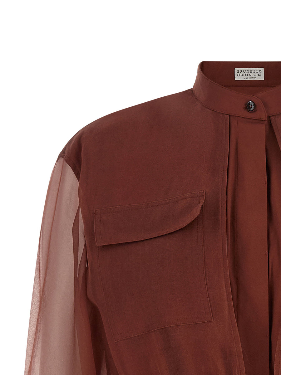 Brunello Cucinelli Brown Silk Sleeves Blouse Mandarin Collar