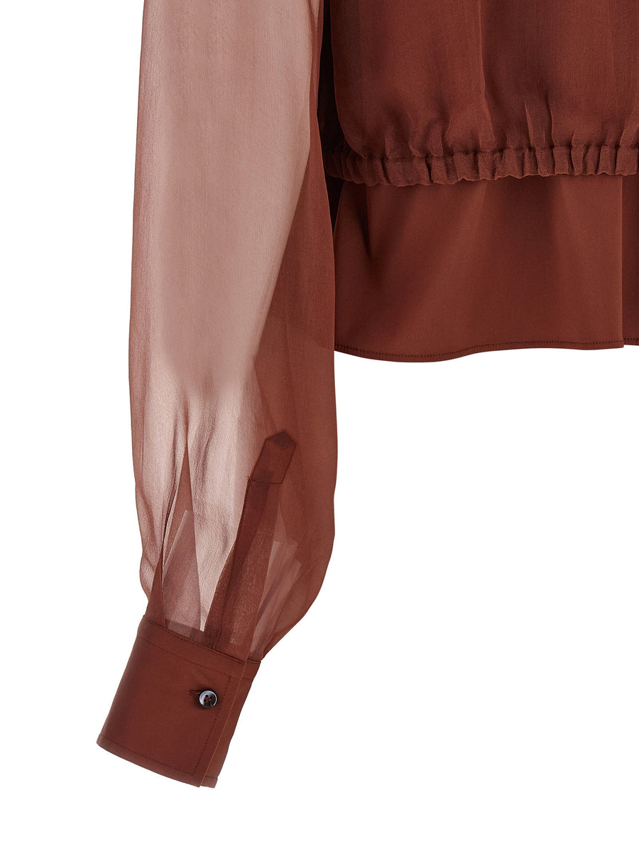 Brunello Cucinelli Brown Silk Sleeves Blouse Mandarin Collar