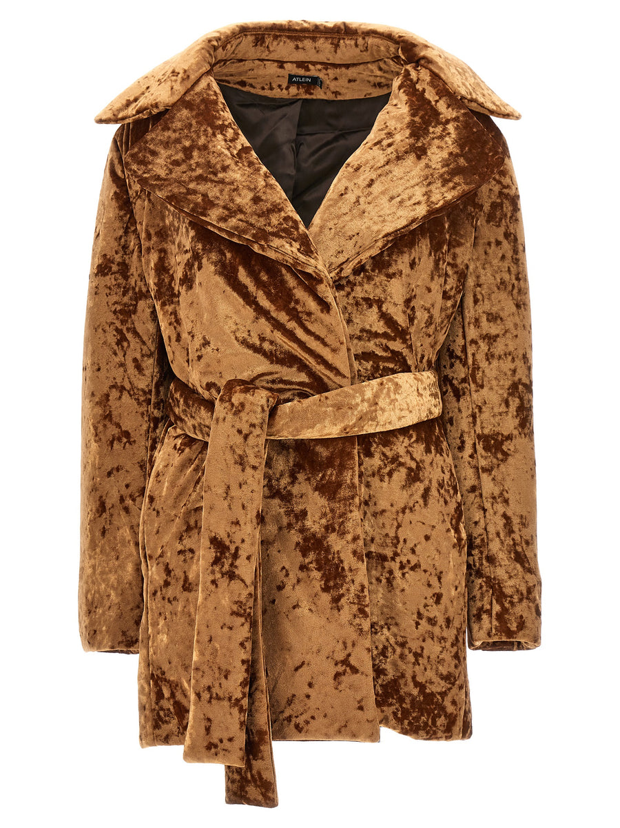 Atlein Crushed Velvet Coat For Women Warm Padded Beltless Silhouette Luxurious Brown