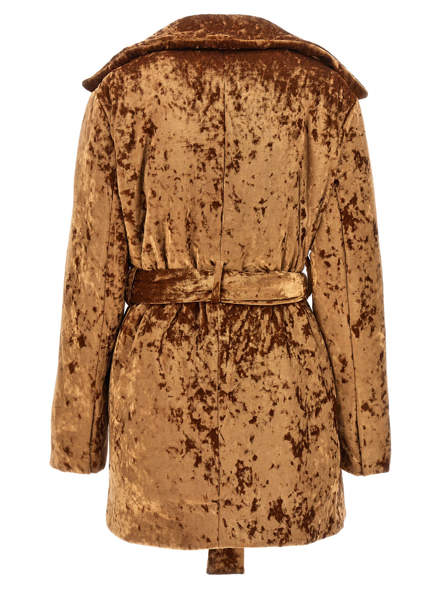 Atlein Crushed Velvet Coat For Women Warm Padded Beltless Silhouette Luxurious Brown