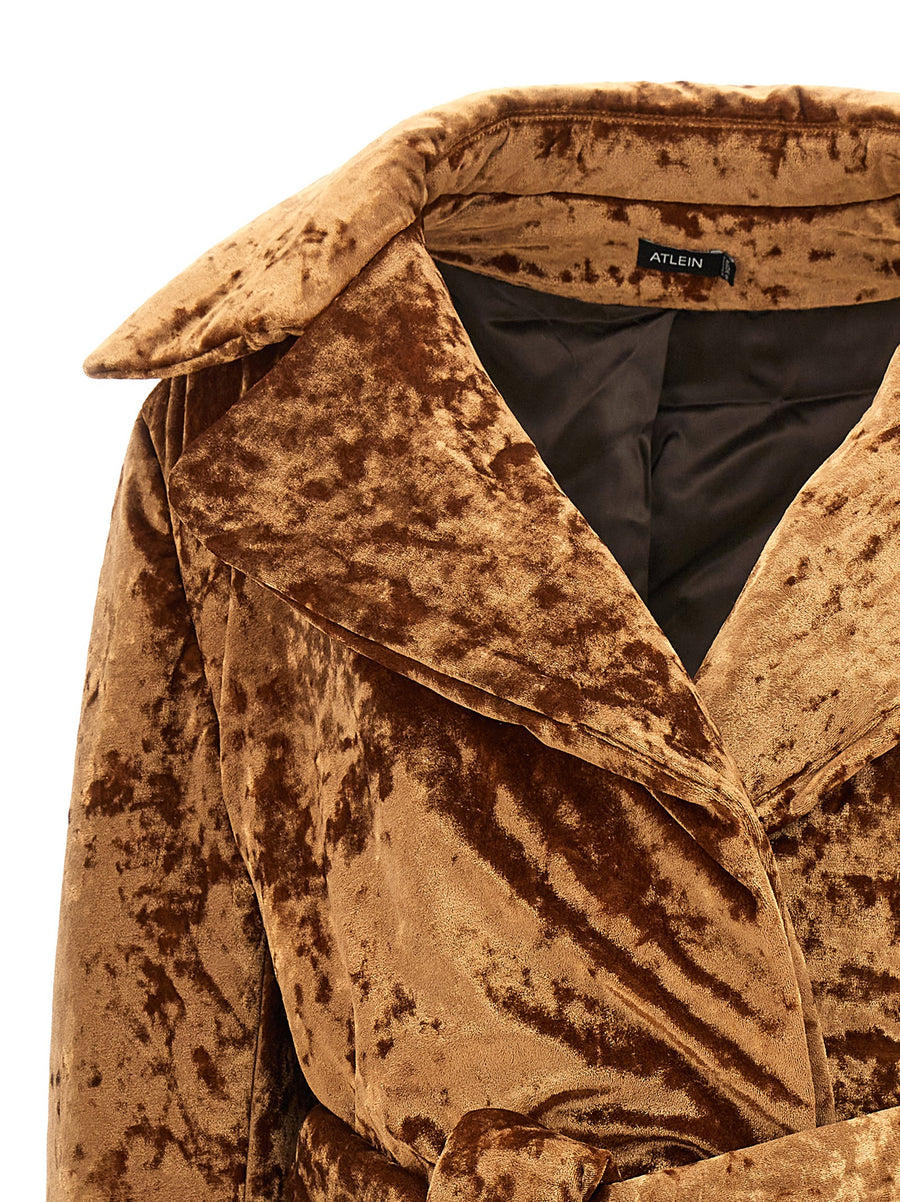 Atlein Crushed Velvet Coat For Women Warm Padded Beltless Silhouette Luxurious Brown