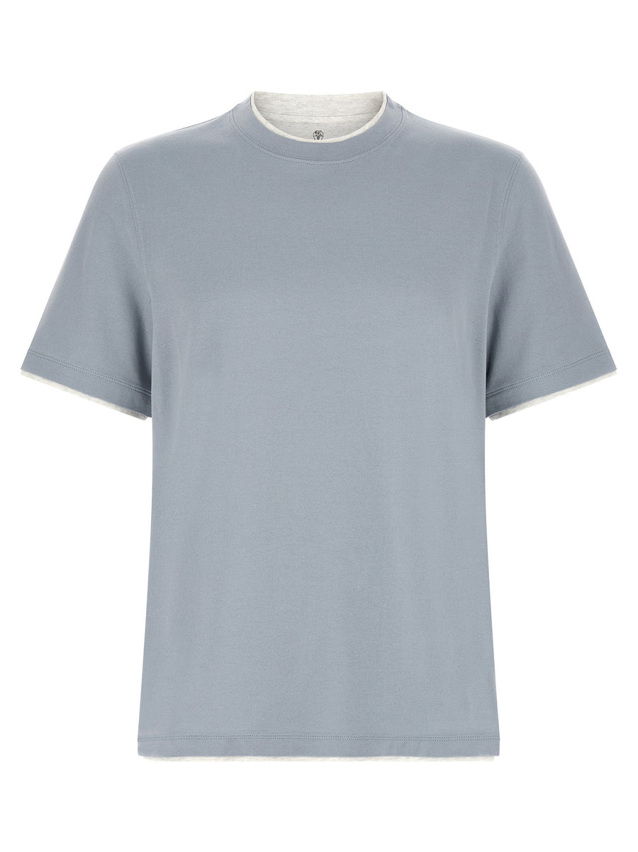 Brunello Cucinelli Light Blue Double Layer Cotton T Shirt For Men