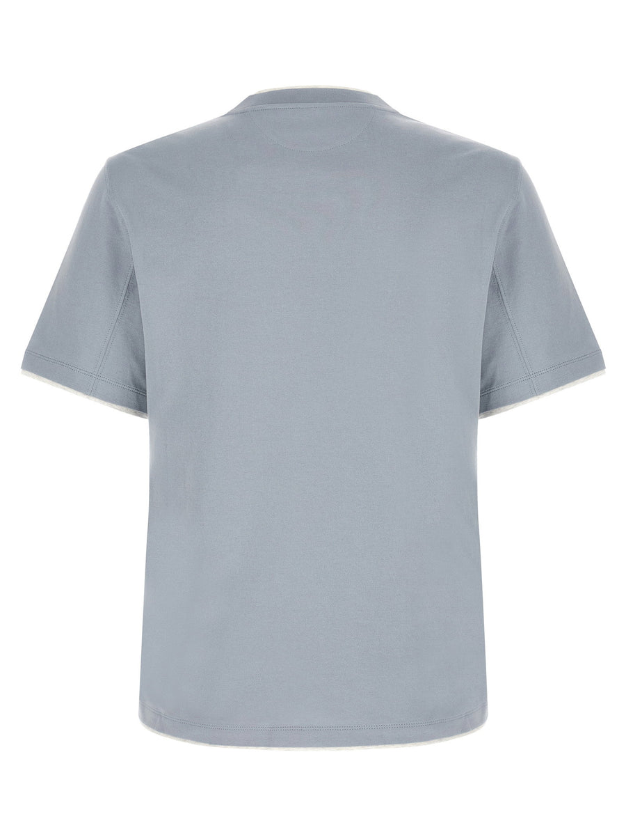 Brunello Cucinelli Light Blue Double Layer Cotton T Shirt For Men