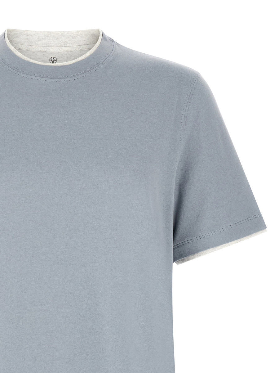 Brunello Cucinelli Light Blue Double Layer Cotton T Shirt For Men