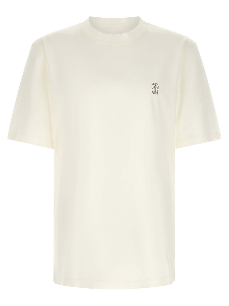 Brunello Cucinelli White Logo Embroidered Pure Cotton Jersey T Shirt