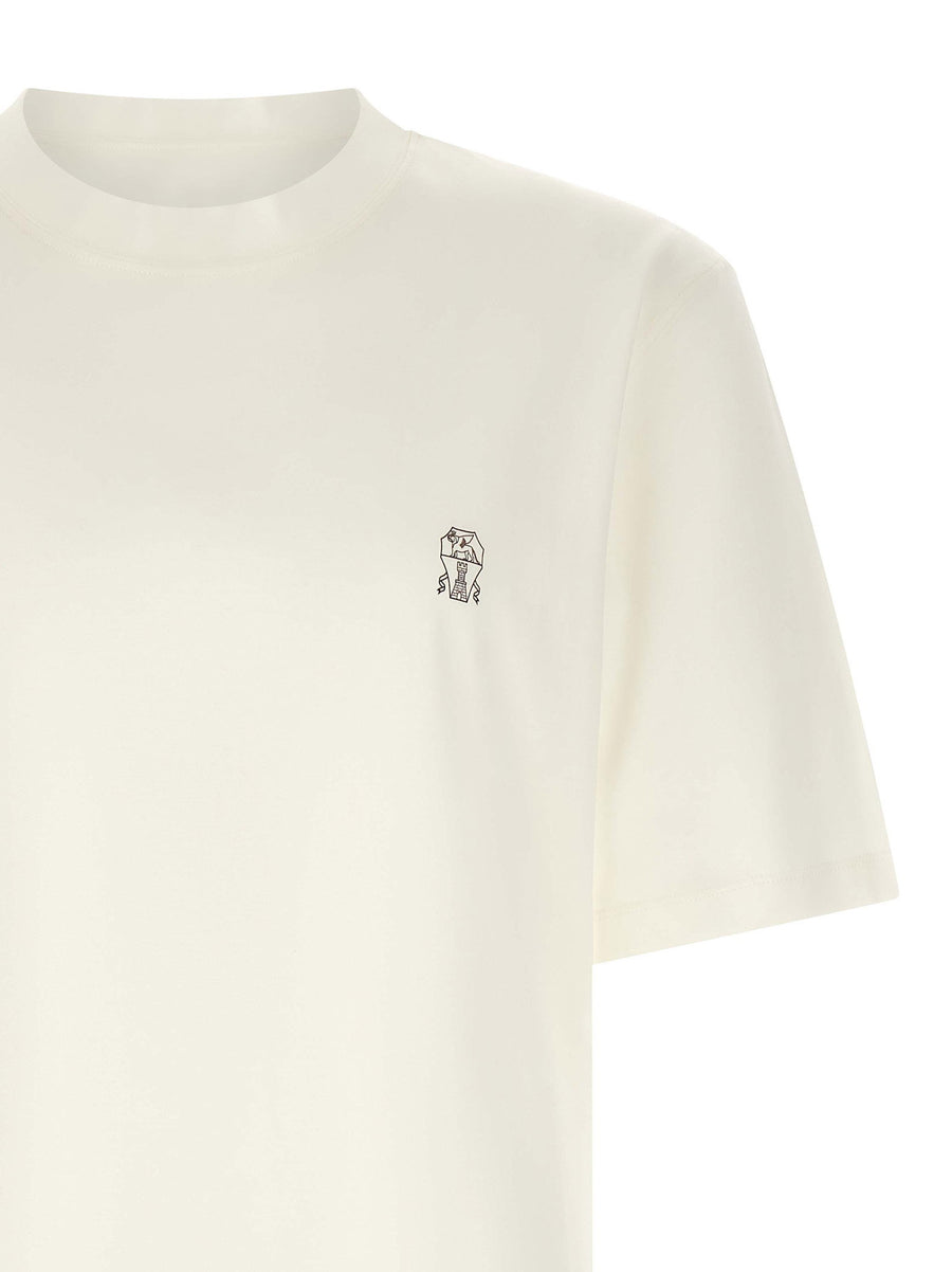 Brunello Cucinelli White Logo Embroidered Pure Cotton Jersey T Shirt