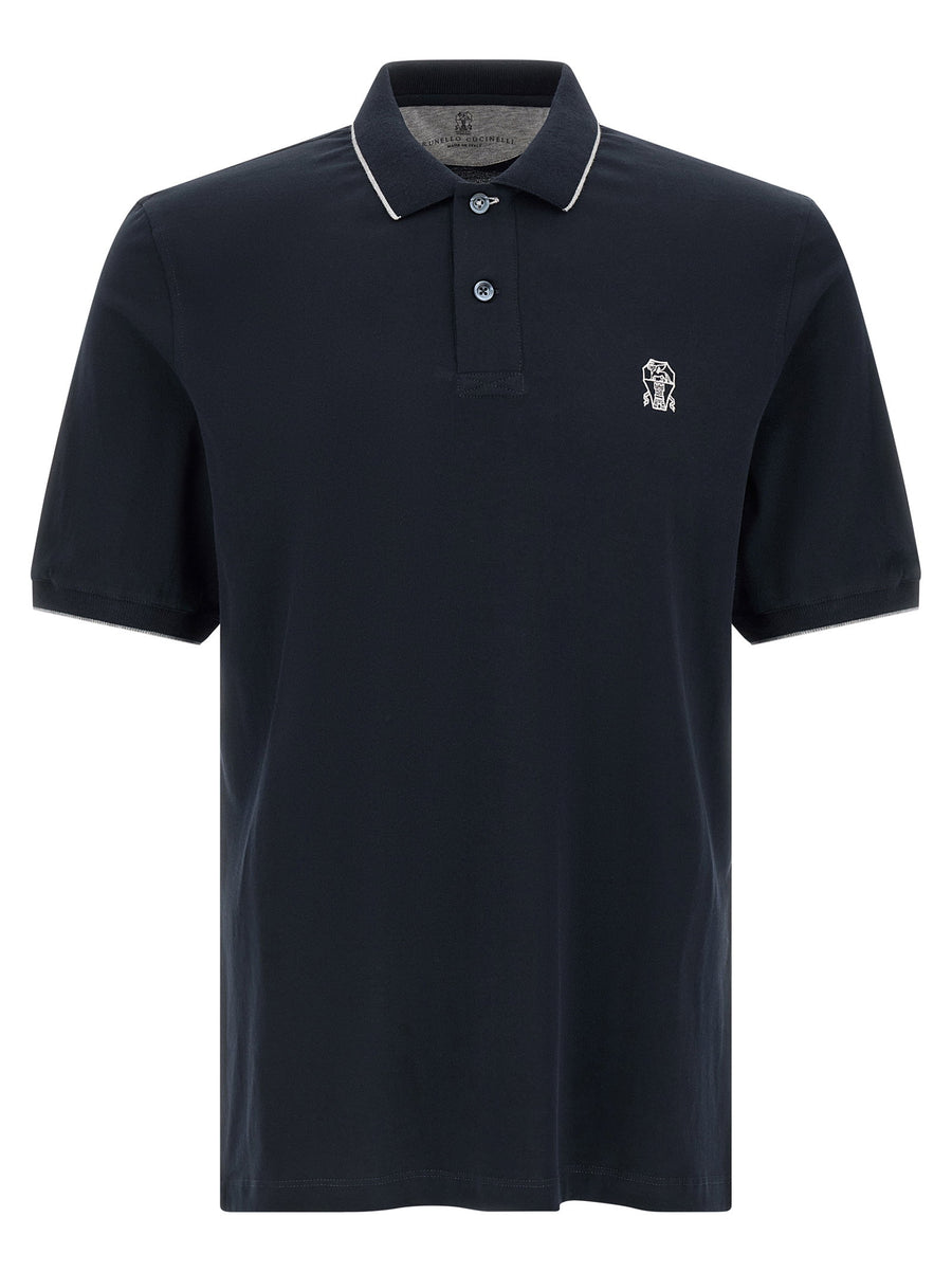 Brunello Cucinelli Stretch Jersey Polo Shirt For Modern Men Luxury Blue Melange All Day Comfort And Fit