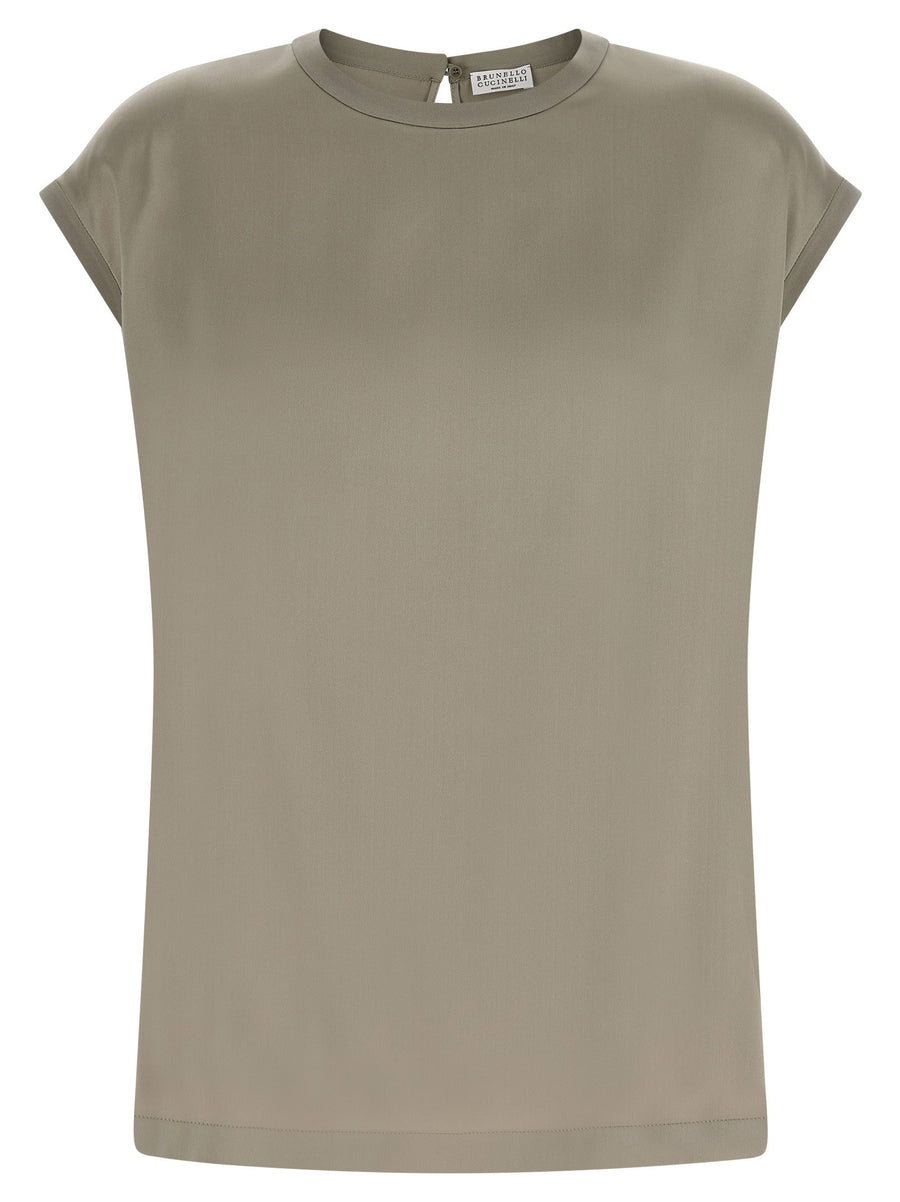 Brunello Cucinelli Sage Green Silk Satin Blouse Short Sleeve Crewneck
