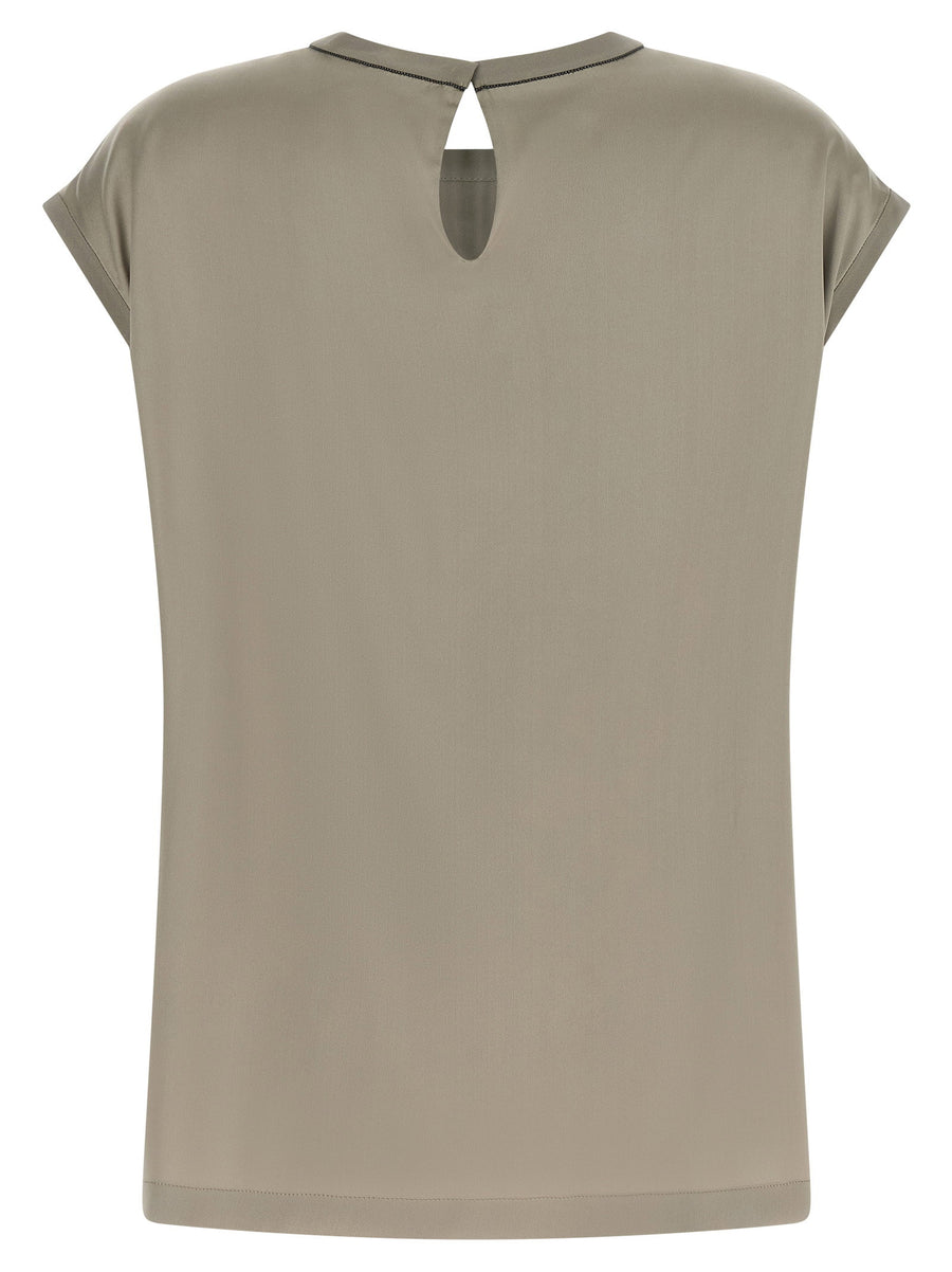 Brunello Cucinelli Sage Green Silk Satin Blouse Short Sleeve Crewneck