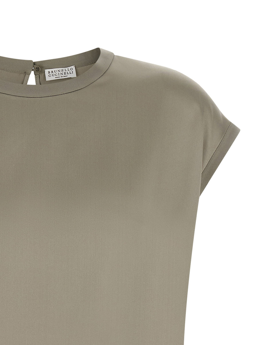 Brunello Cucinelli Sage Green Silk Satin Blouse Short Sleeve Crewneck