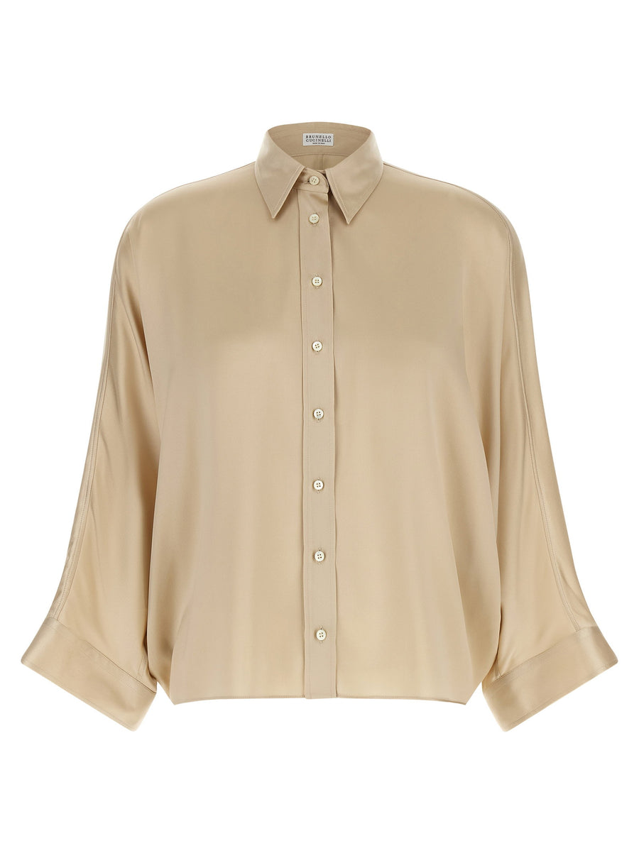Brunello Cucinelli Monile Silk Satin Shirt Beige Oversized
