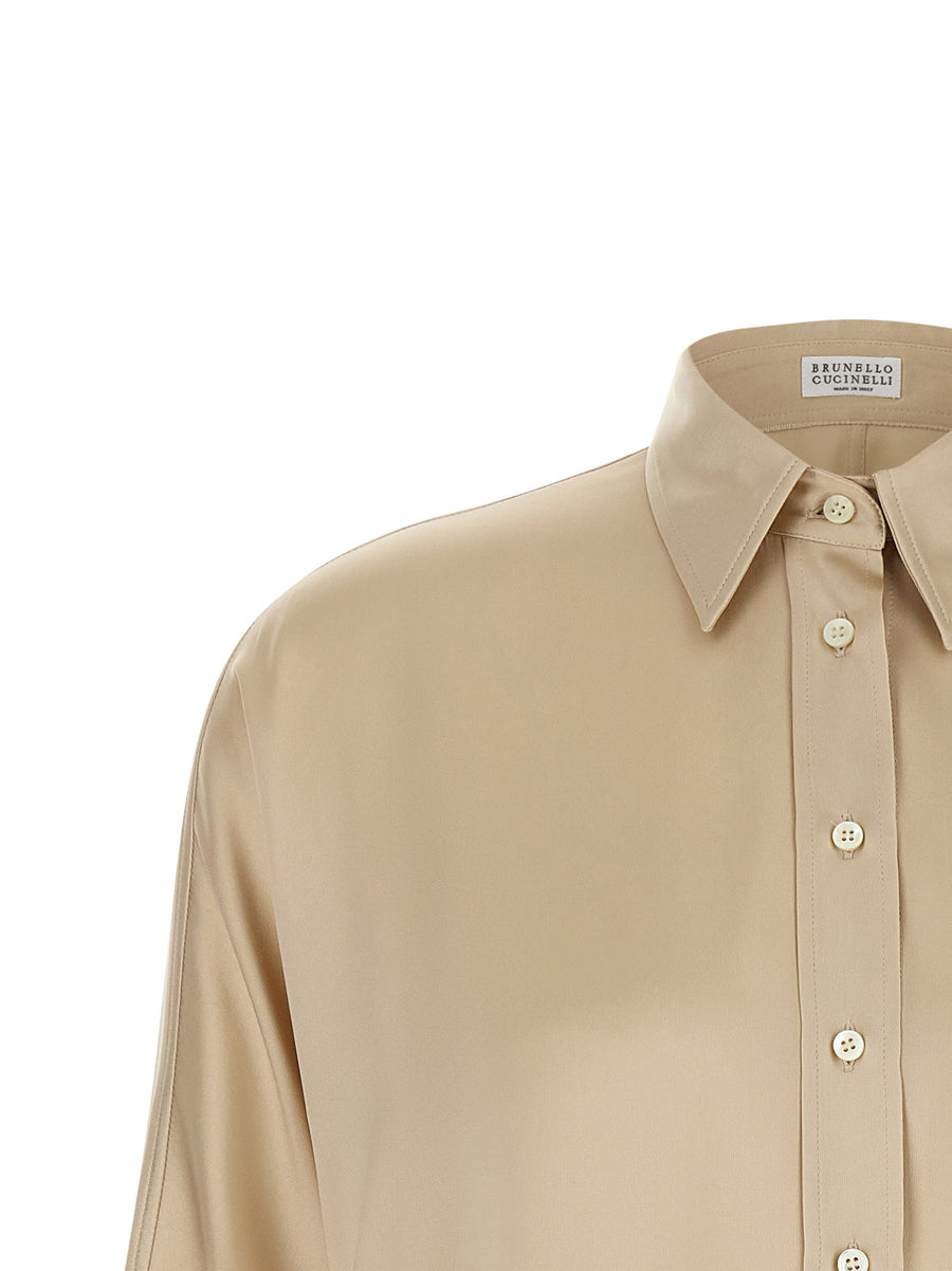 Brunello Cucinelli Monile Silk Satin Shirt Beige Oversized