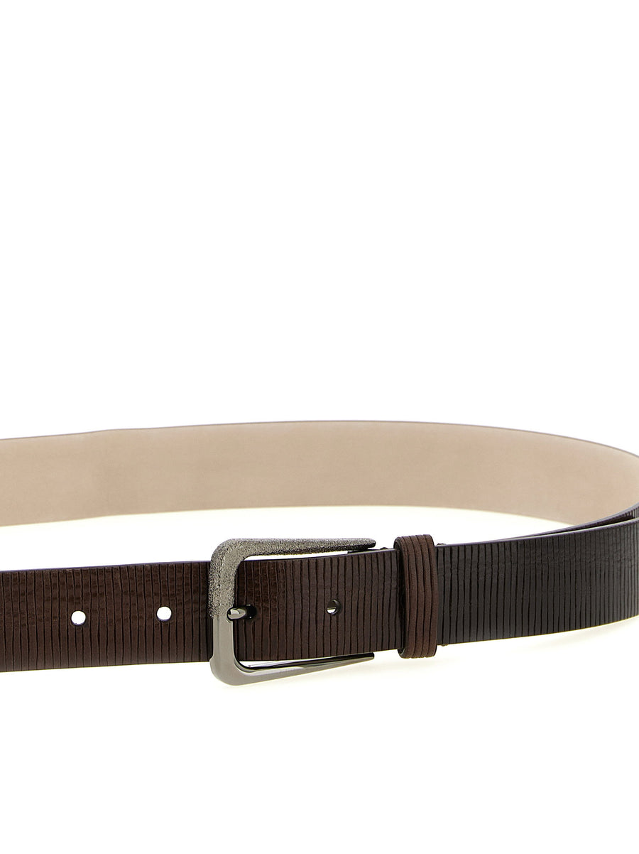 Brunello Cucinelli Ribbed Leather Belt For Women With Jewel Buckle Luxurious Timeless Accessory
