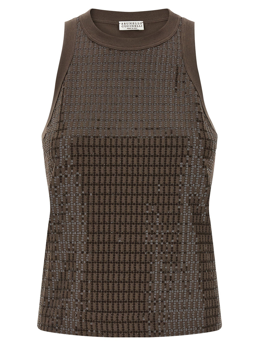 Brunello Cucinelli Dazzling Check Embroidery Top For Women Front Sequin Applique On Stretch Cotton Jersey Luxurious