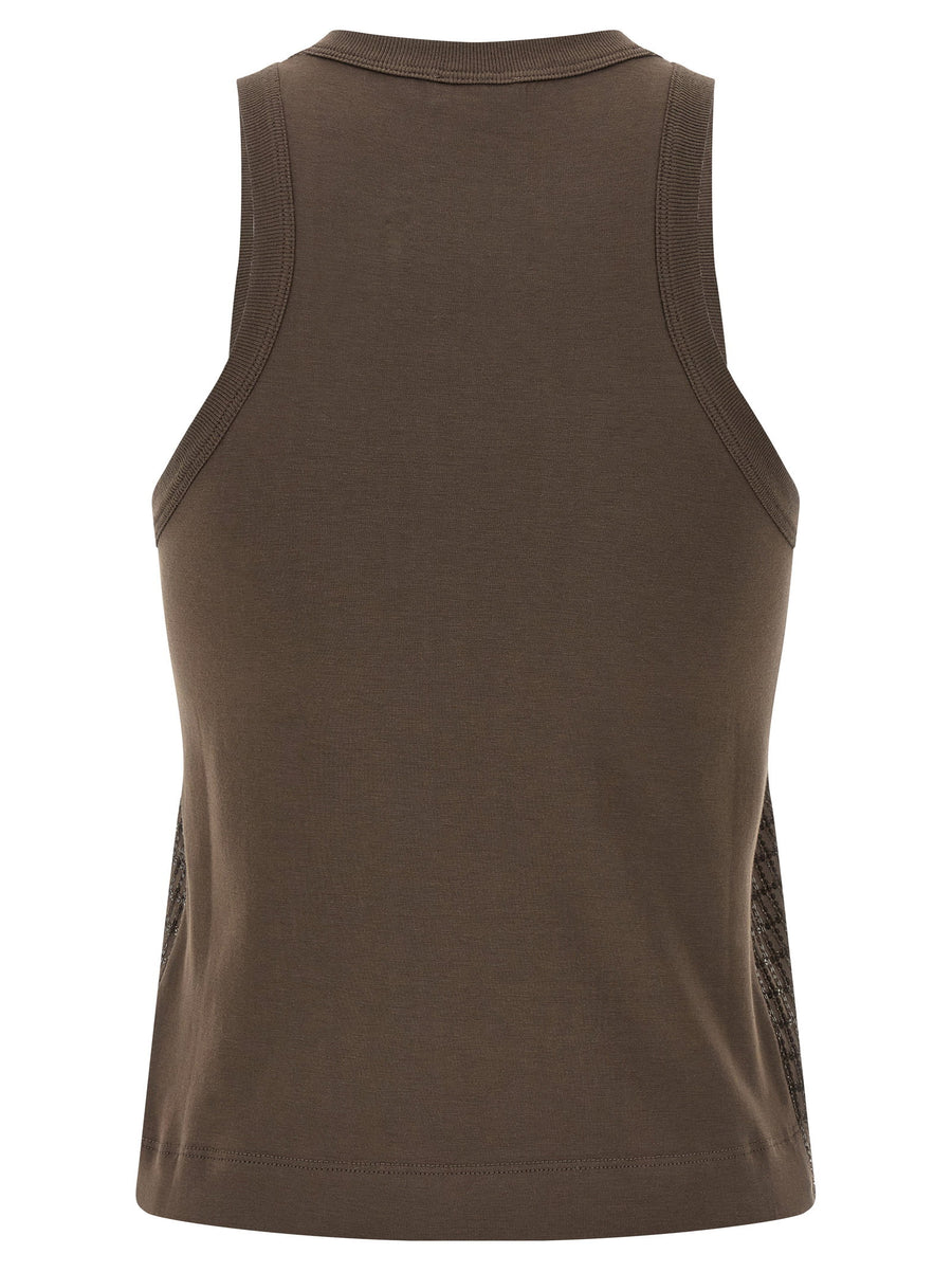 Brunello Cucinelli Dazzling Check Embroidery Top For Women Front Sequin Applique On Stretch Cotton Jersey Luxurious