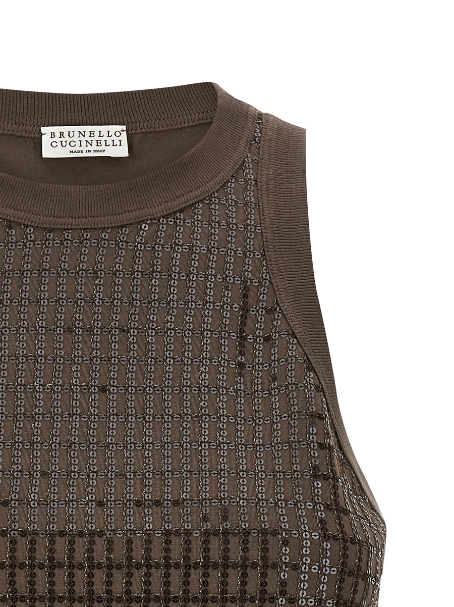 Brunello Cucinelli Dazzling Check Embroidery Top For Women Front Sequin Applique On Stretch Cotton Jersey Luxurious