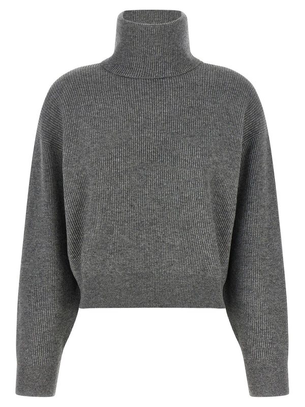 Brunello Cucinelli English Rib Knit Wool Cashmere Silk Luxurious Cropped Sweater For Women With High Collar