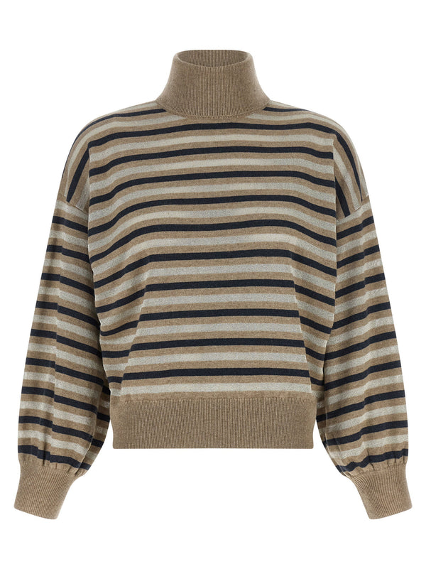 Brunello Cucinelli Sparkling Stripes Sweater For Women Luxury Ribbed Knit Multicolor Lame Stripes