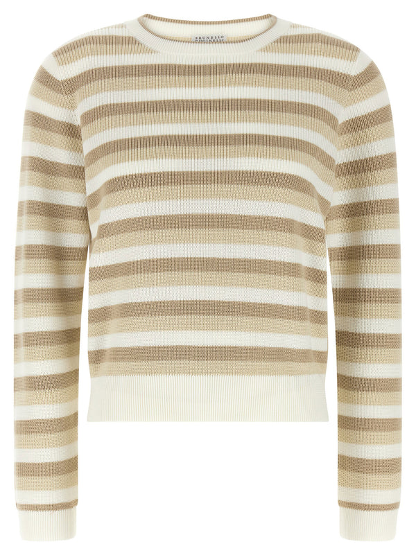 Brunello Cucinelli Beige Striped Knit Cotton Crew Neck Sweater For Women Luxury Relaxed Topwear