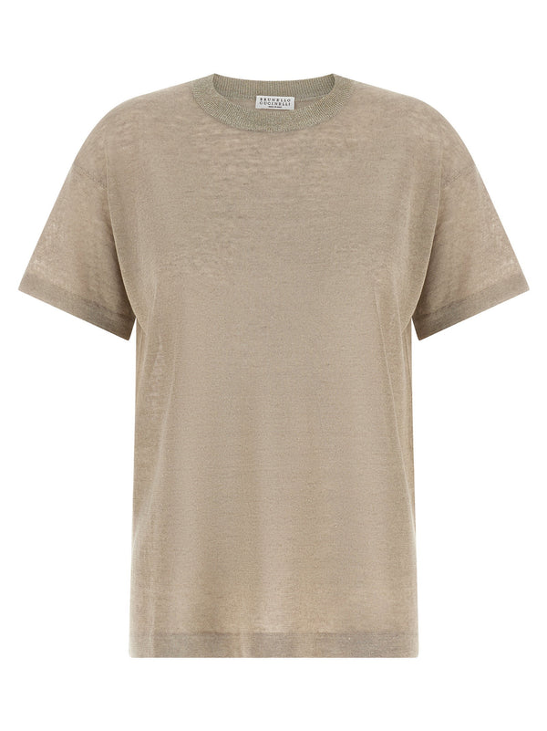 Brunello Cucinelli Dazzling Collar Crewneck Linen Blend Sweater Beige