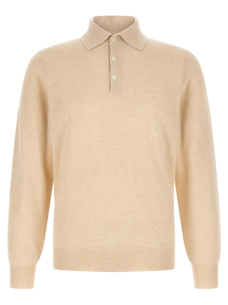Brunello Cucinelli Cashmere Knit Polo Shirt Beige Sand Long Sleeve