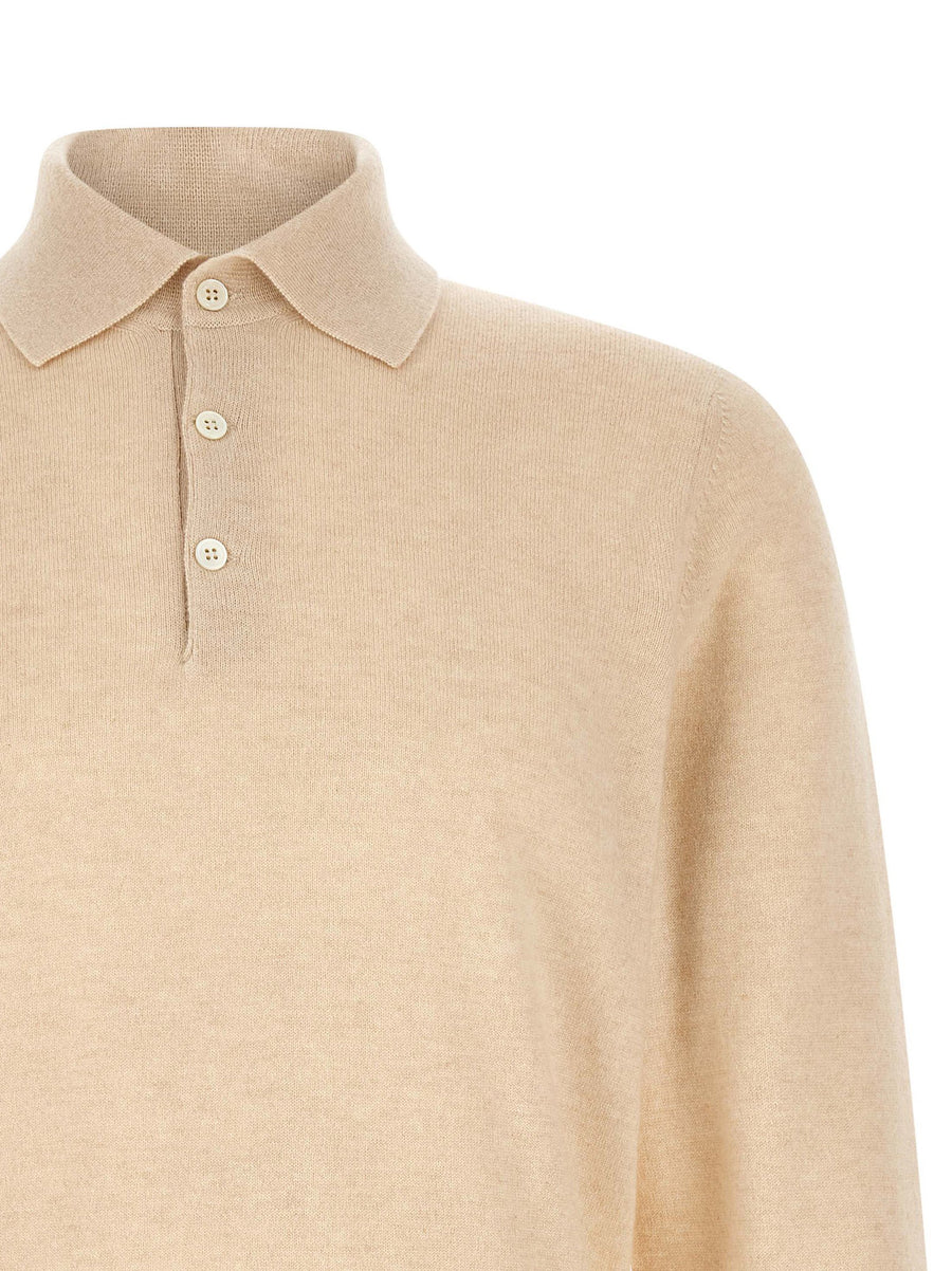 Brunello Cucinelli Cashmere Knit Polo Shirt Beige Sand Long Sleeve