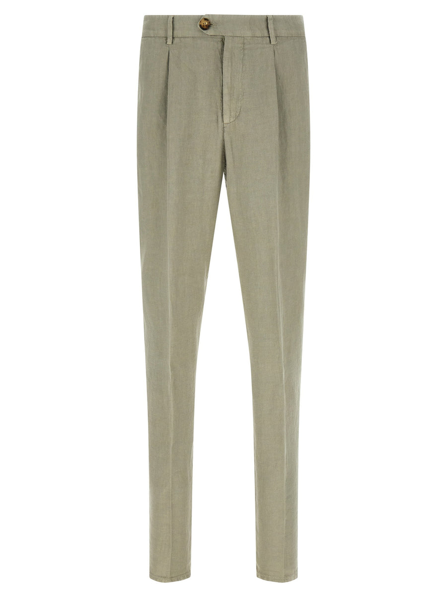 Brunello Cucinelli Green Linen Gabardine Trousers Relaxed Tailoring