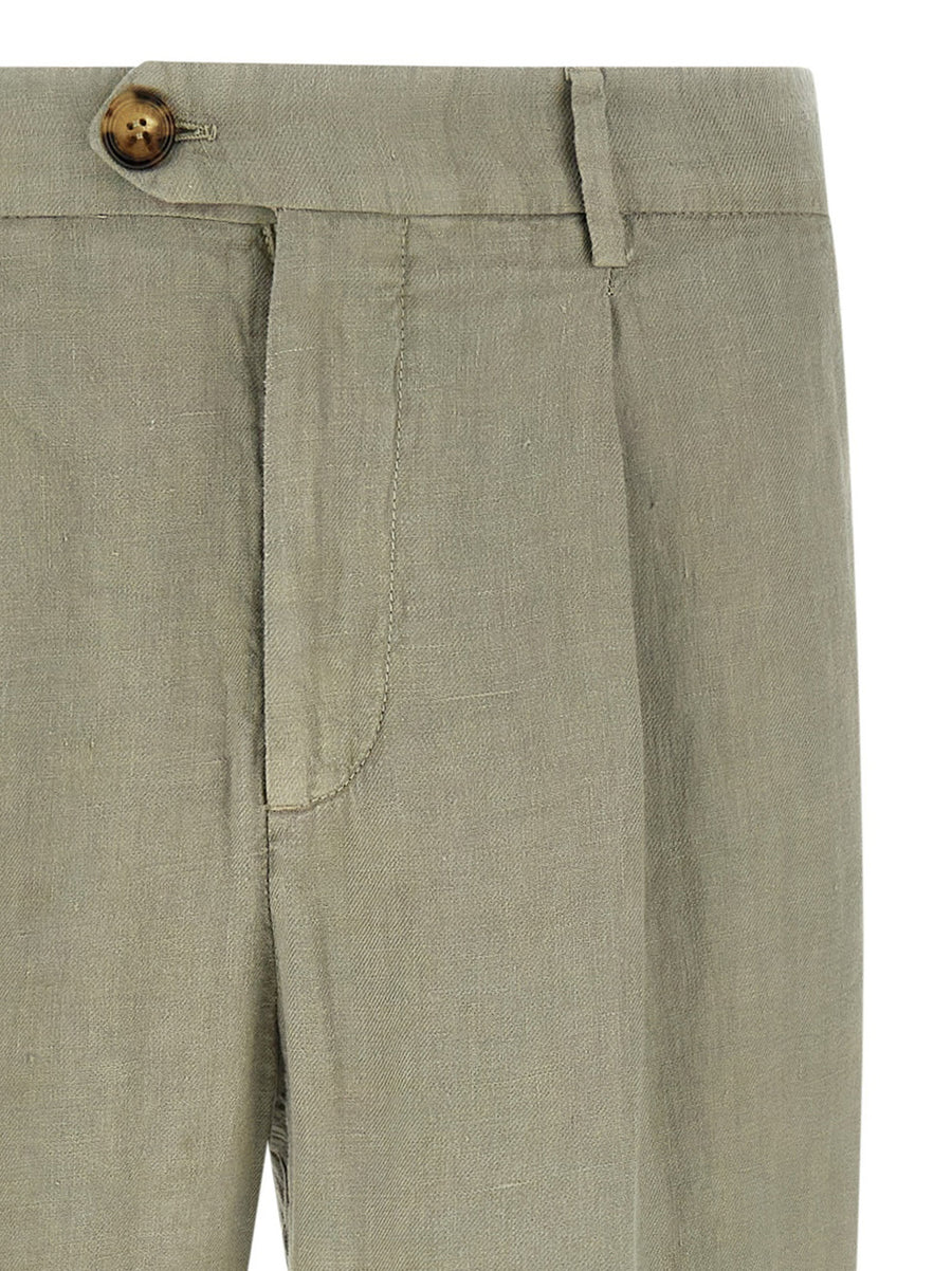 Brunello Cucinelli Green Linen Gabardine Trousers Relaxed Tailoring