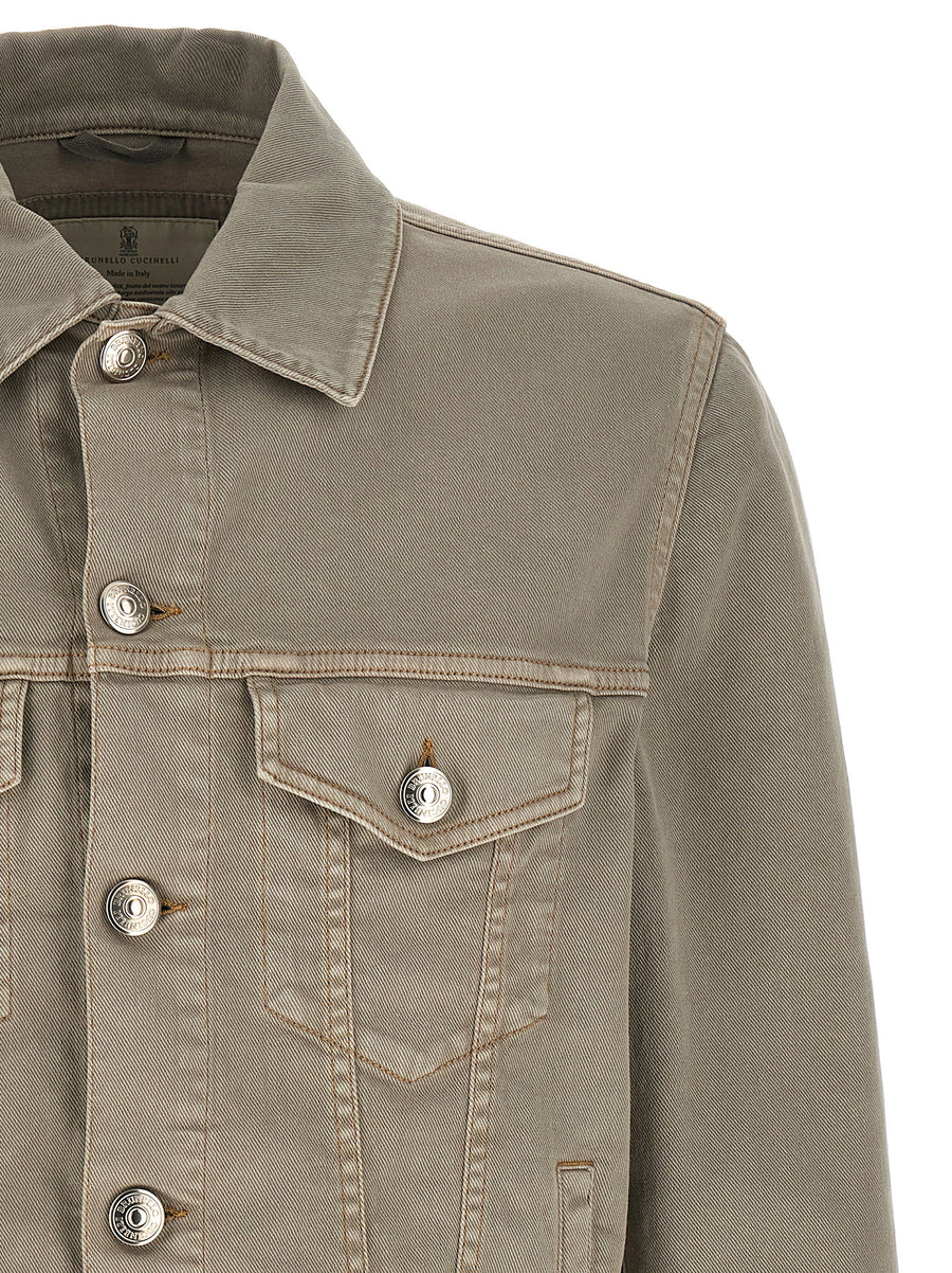 Brunello Cucinelli Gray Cotton Denim Jacket With Garment Dyed Finish