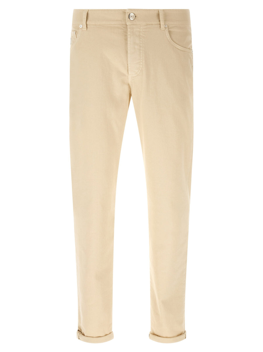 Brunello Cucinelli Logo Embroidered Beige Jeans Slim Fit