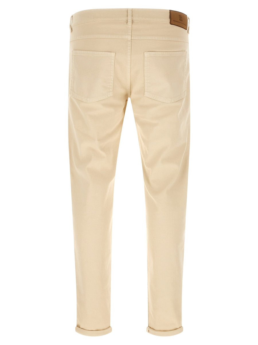 Brunello Cucinelli Logo Embroidered Beige Jeans Slim Fit