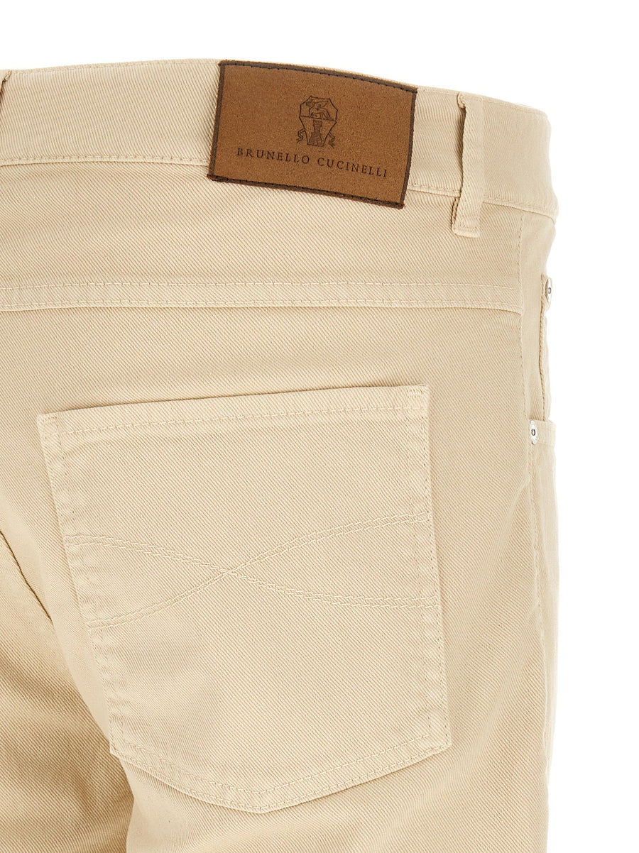 Brunello Cucinelli Logo Embroidered Beige Jeans Slim Fit